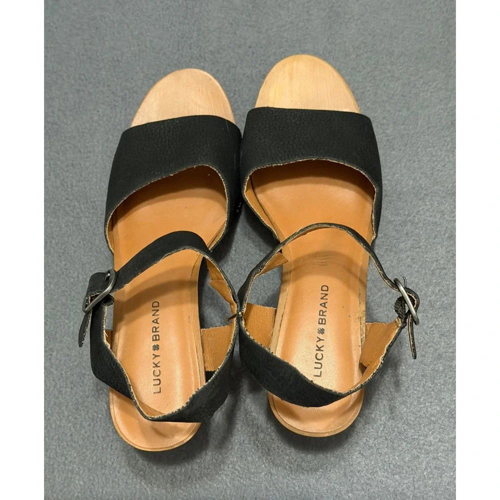 Lucky Brand Black Leather Wooden Block Heel Studded Ankle Strap Sandals 7M 37.5